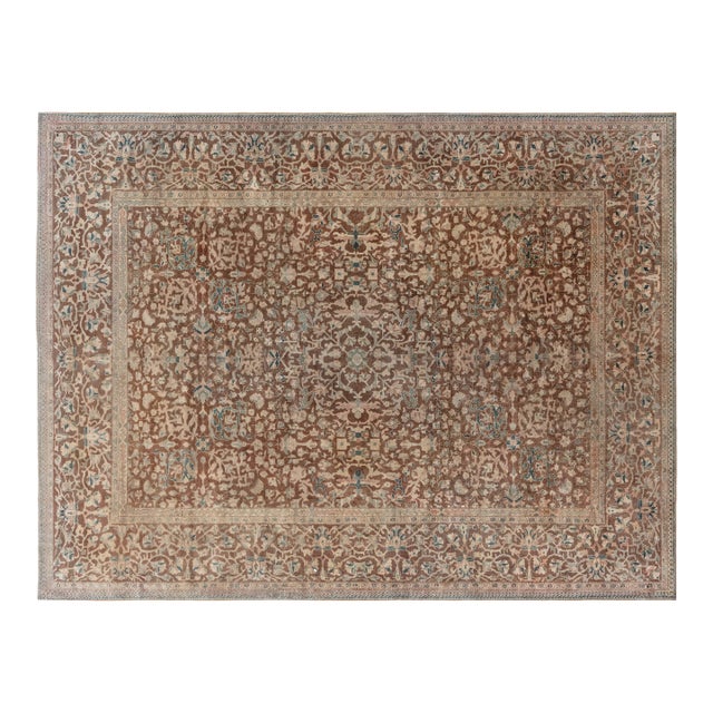 Antique Persian Sarouk Botanic Brown Handmade Wool Rug For Sale