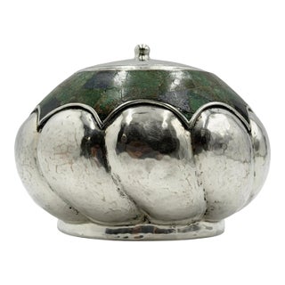 Los Castillo Taxco Silver Plate & Malachite Lidded Bowl, Mexico 1960s For Sale