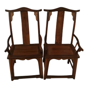 Early 1800s Antique Pair of Chinese Hardwood Yoke-Back Chairs Qing Dynasty With Carved Back and Tenon Seat