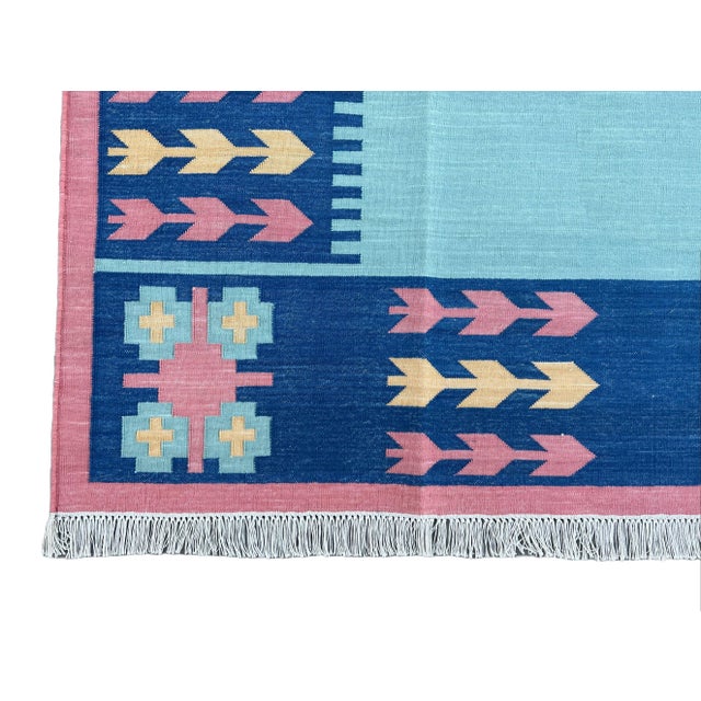 Not Yet Made - Made To Order Handmade Cotton Natural Vegetable Dyed Reversible Green Blue Pink Leaf Pattern Rug Dhurrie - 9'x12' For Sale - Image 10 of 11