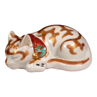 Vintage Japanese Kutani Porcelain Sleeping Cat Figure Circa 1930 Large 10" For Sale