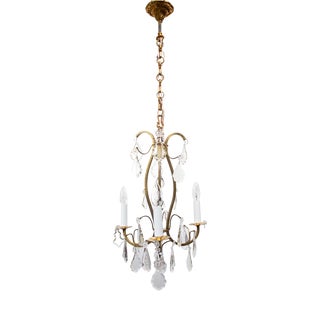 French Brass Chandelier with 3 Arms and Crystals, 1940s For Sale