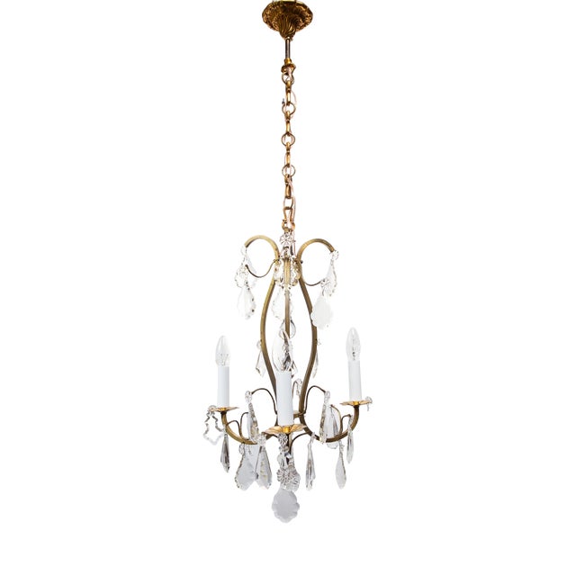 French Brass Chandelier with 3 Arms and Crystals, 1940s For Sale
