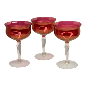 1950s West Virginia Glass Red Luster Cranberry Optic Wine Glasses- Set of 3