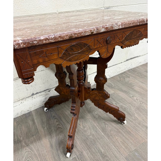 Wood Antique Victorian Eastlake Marble Top Walnut Parlor Table For Sale - Image 7 of 14