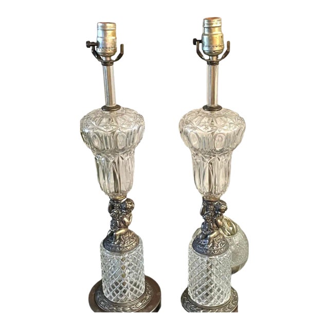 Pair of 1940s Hollywood Regency Cherub Waterford Lamps No Labels, Appraised as Stiffel Circa 1940’s. For Sale