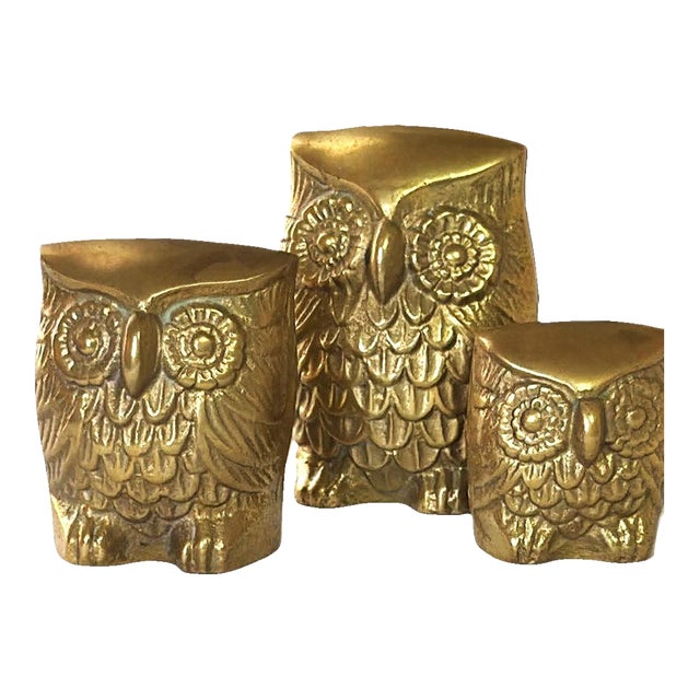 Vintage Brass Owl Set of 3 BoHo MCM Retro For Sale