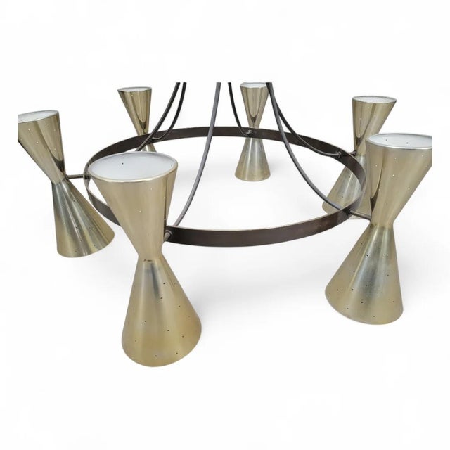 Brass Mid-Century Modern Brass & Black Metal Chandelier With Sculptural Trumpet Shades For Sale - Image 8 of 8