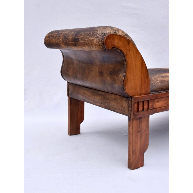 Vintage Leather Roll Arm Bench, Carved Oak Frame, Mission Style, Usa For Sale - Image 12 of 12