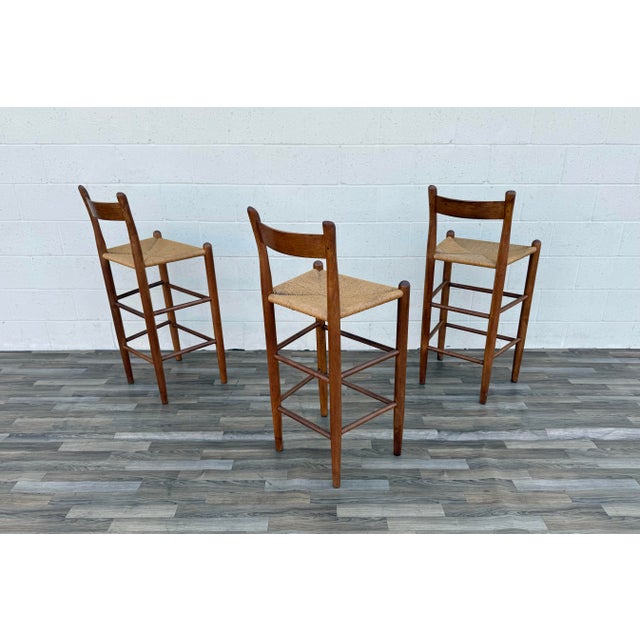 1970s Set of 6 Danish Modern Style Solid Wood Bar Stools With Woven Rush Seats For Sale - Image 9 of 12