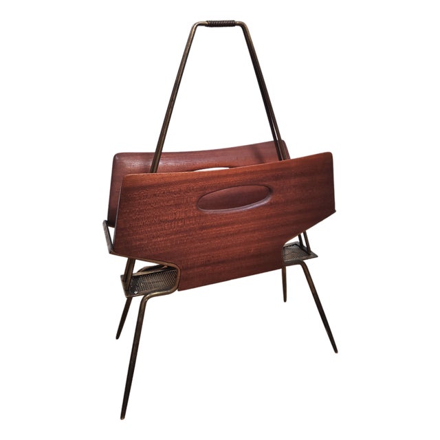 Vintage Rosewood and Brass Magazine Rack, 1950s For Sale
