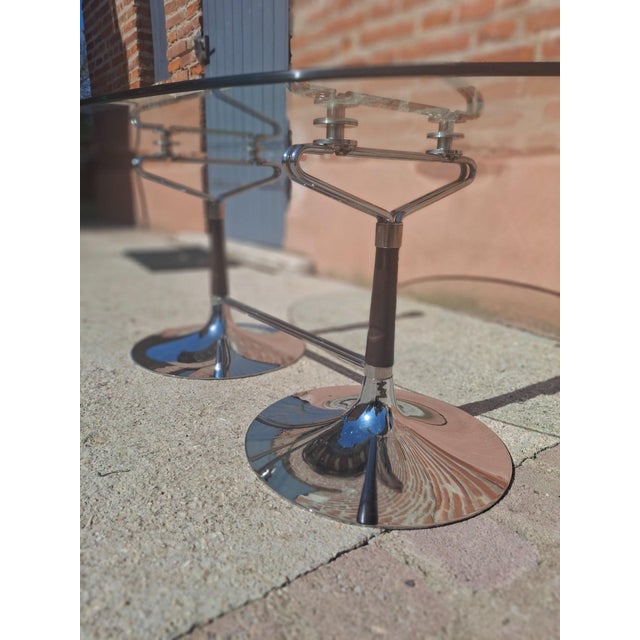 Oval Table in Glass, Chrome and Walnut, 1970s For Sale - Image 4 of 11