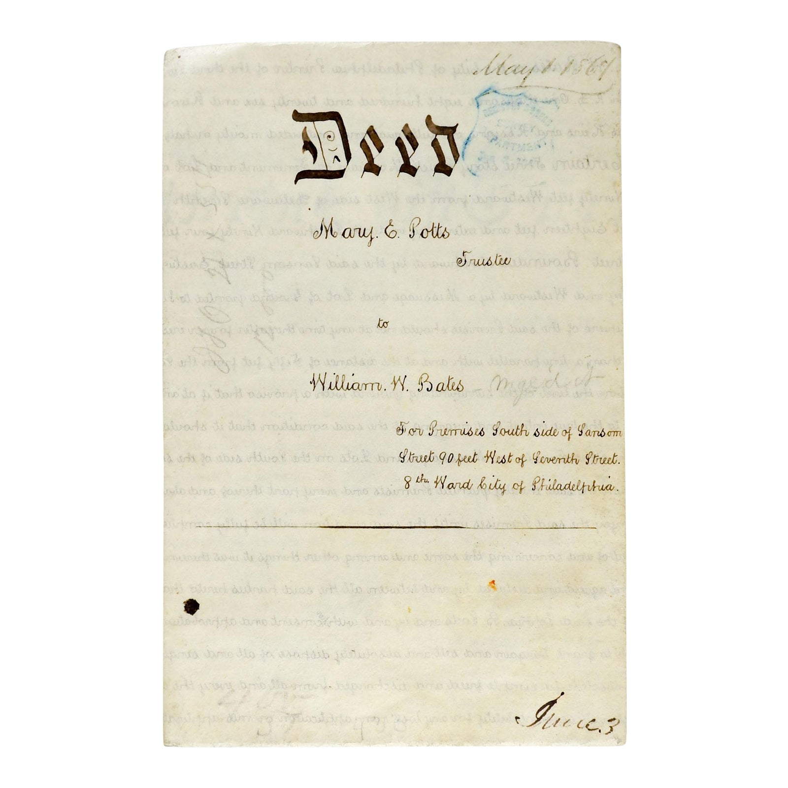 1867 Philadelphia Deed on Vellum & Hand Written Chairish