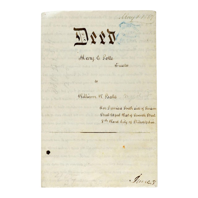 1867 Philadelphia Deed on Vellum & Hand Written Chairish