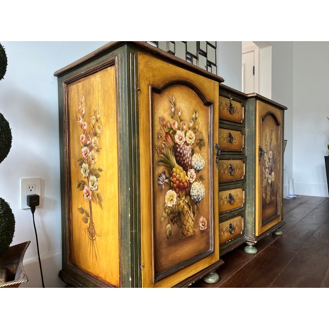 1990s Floral French Provincial Buffet Handmade Cabinet With 2-Door Sideboard and Drawers Solid Wood For Sale In Los Angeles - Image 6 of 12