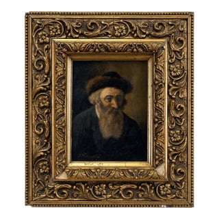 Unknown, Rare Hungarian Judaica Hasidic Rabbi With Shtreimel Pre War Oil Painting For Sale