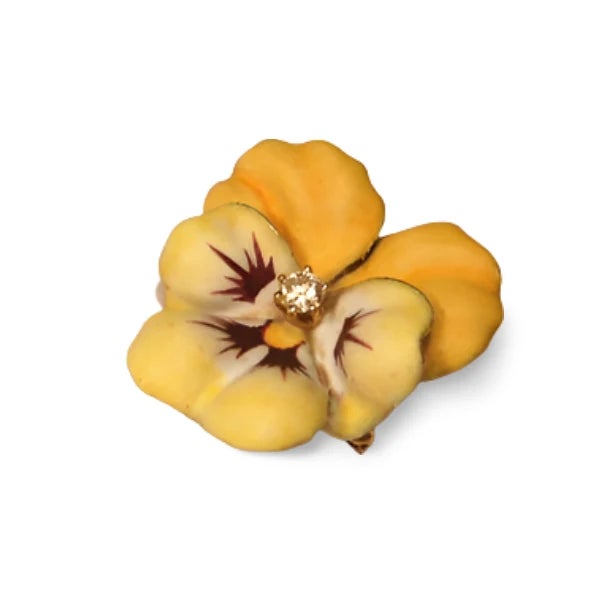 Celebrate the elegance of the Victorian era with this exquisite 14K yellow gold enamel pansy flower pendant brooch ....