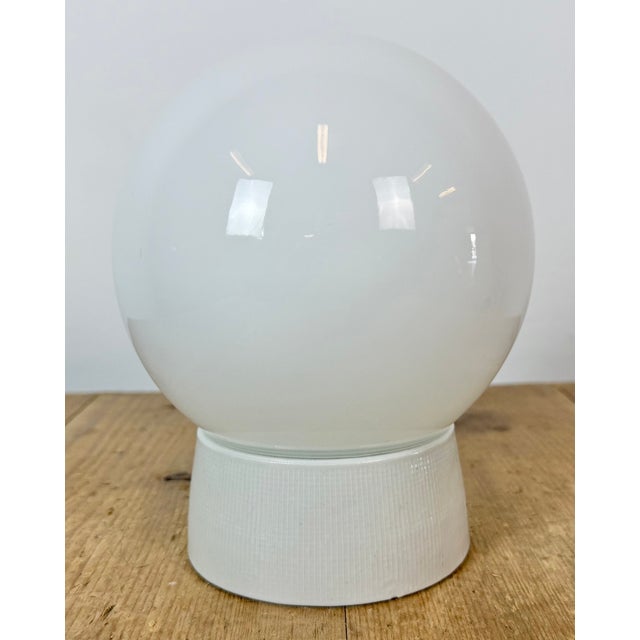 Industrial Vintage White Porcelain and Glass Ceiling Light, 1970s For Sale - Image 3 of 12