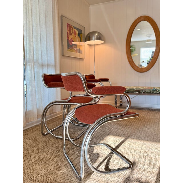 Brown A Set of 4 Chrome Cantilevered Dining Arm Chairs in a Rich Rusty Red Boucle For Sale - Image 8 of 12