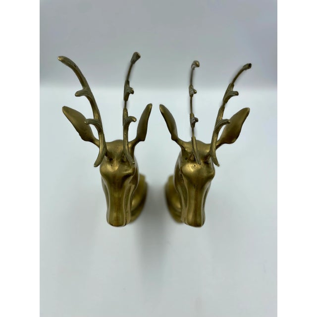 Metal Mid 20th Century Hollywood Regency Style Brass Stag Bust Bookends - a Pair For Sale - Image 7 of 13
