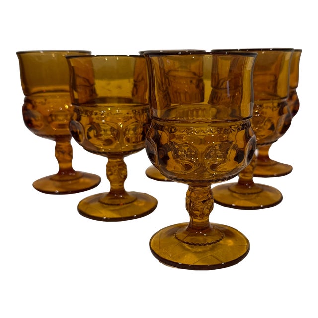 Vintage Indiana Glass Amber Kings Crown Thumprint Glassware- Set of 6 For Sale