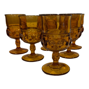 Vintage Indiana Glass Amber Kings Crown Thumprint Glassware- Set of 6