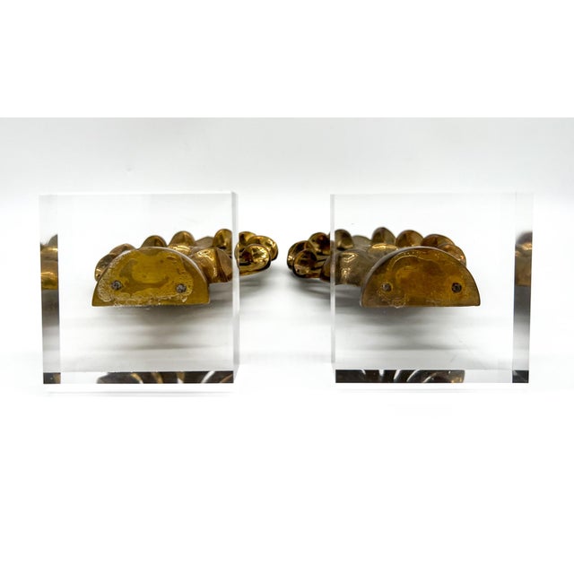 Vintage Shell Motif Brass Finials Mounted on Lucite For Sale - Image 4 of 9