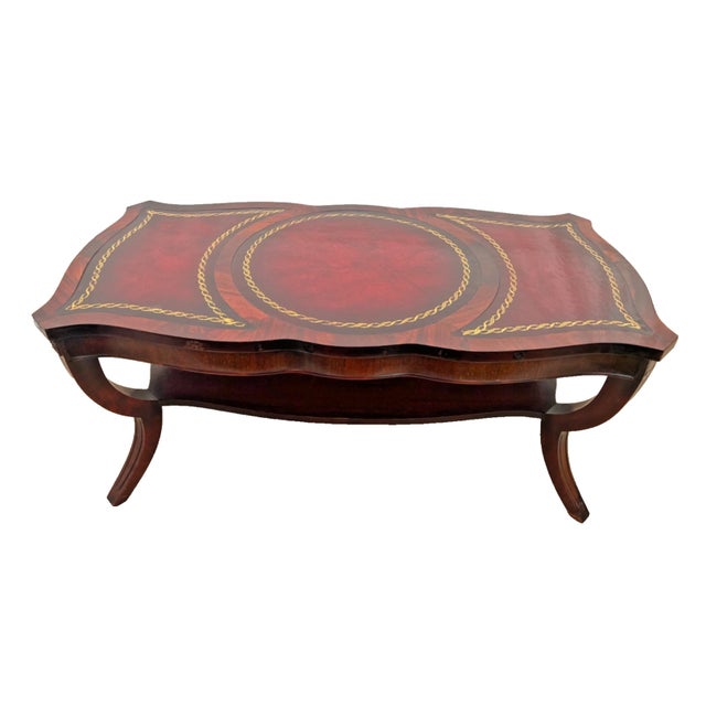 1950s Vintage Art Deco Style Coffee Table Bottom Shelf Embossed Leather Inlays Mahogany For Sale - Image 5 of 13