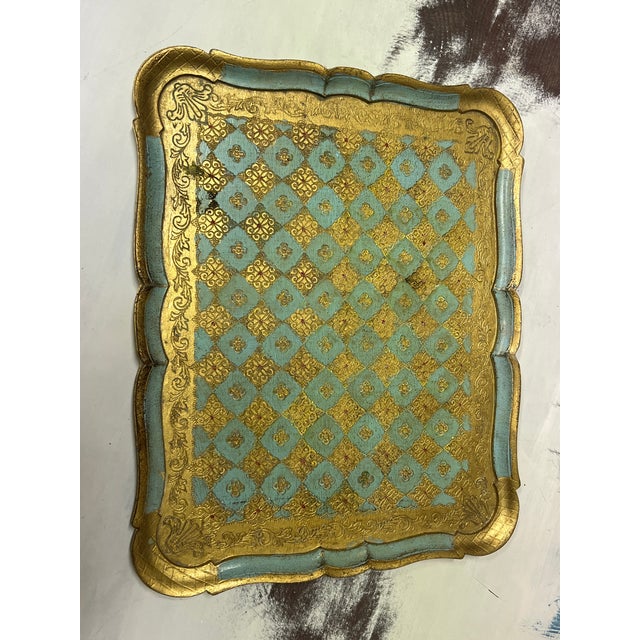 Wood Vintage Italian Florentine Turquoise and Gold Hand Panted Tray, 1960s For Sale - Image 7 of 7