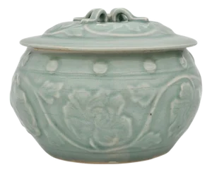 VTG Chinese Longquan Style Celadon Lidded Jar Relief Floral Round Form 8"