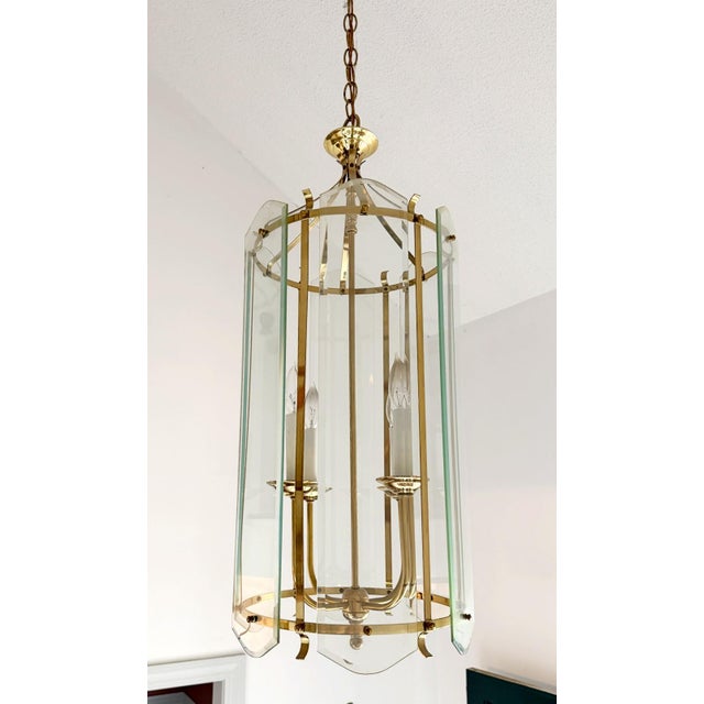 Mid-Century Modern Style Hollywood Regency Glass & Brass Foyer Chandelier Light Elevate your entryway or foyer with this...