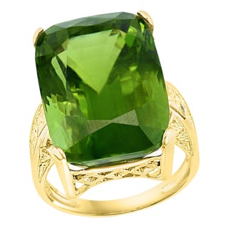 GIA Certified 34.06 Carat Cushion Peridot 14 Karat Yellow Gold Ring Estate For Sale