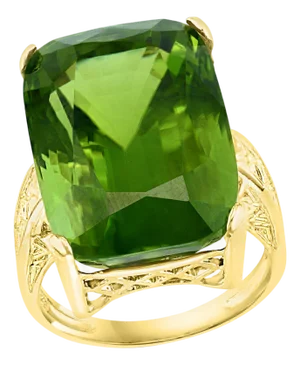 GIA Certified 34.06 Carat Cushion Peridot 14 Karat Yellow Gold Ring Estate