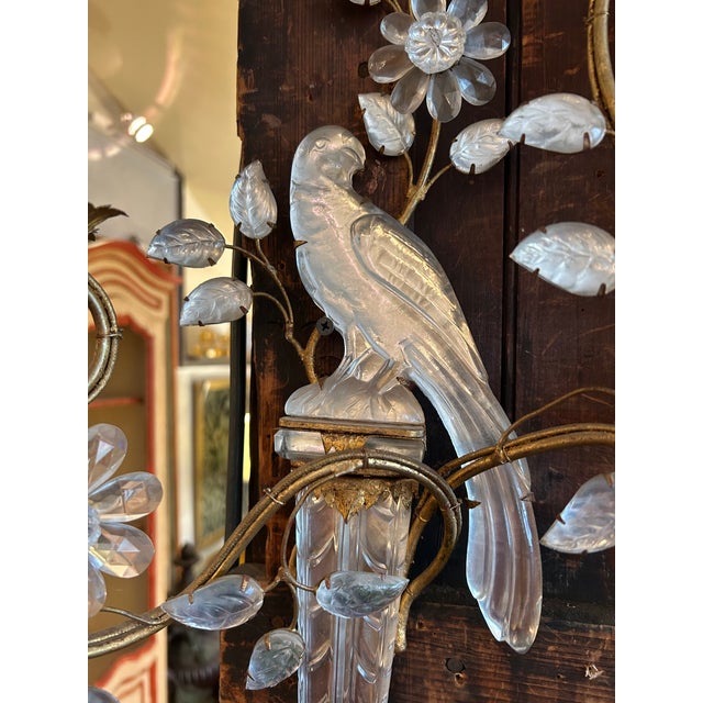 Hollywood Regency Maison Baguès Gilt Metal and Rock Crystal Parrot-Form Two-Light Wall Sconces -a Pair For Sale - Image 3 of 11