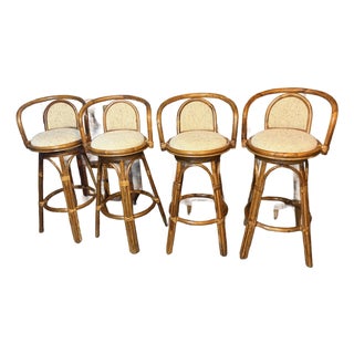 Set of 4 Vintage Boho Coastal Rattan Swivel Bar Stools For Sale
