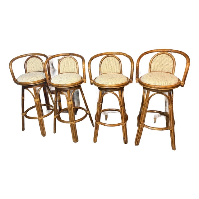 Set of 4 Vintage Boho Coastal Rattan Swivel Bar Stools For Sale