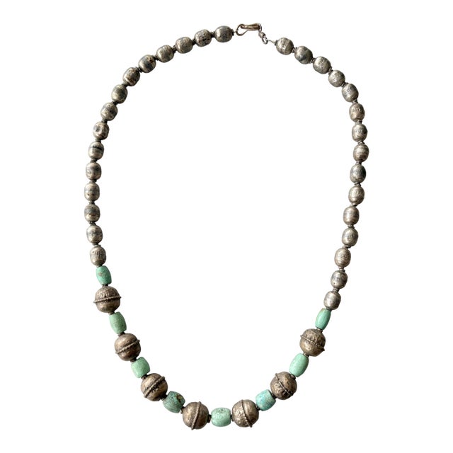 Antique Silver and Turquoise Beaded Necklace For Sale