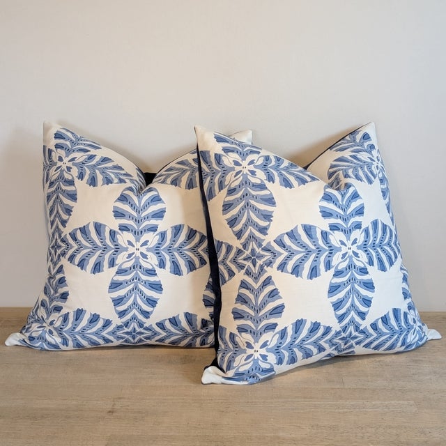 Transitional Thibaut Starleaf Blue Pillows - Pair For Sale - Image 3 of 6