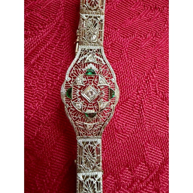 1920s Art Deco Platinum & 14k Gold Estate Emerald & Diamond Bracelet For Sale - Image 16 of 18