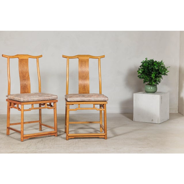 Late 20th Century Chinese Lamp Hanger Elm Wood Chairs with Upholstered Cushions - A Pair For Sale - Image 5 of 12