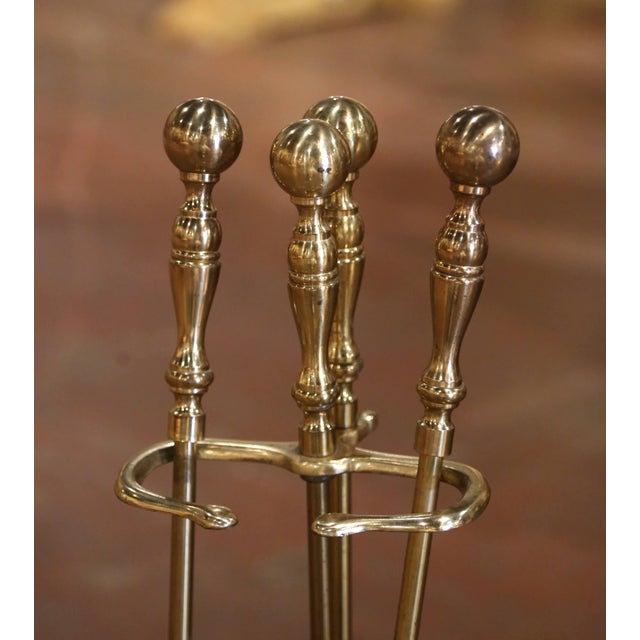 French Mid-Century French Brass and Iron Four-Piece Fireplace Tool Set on Stand For Sale - Image 3 of 9