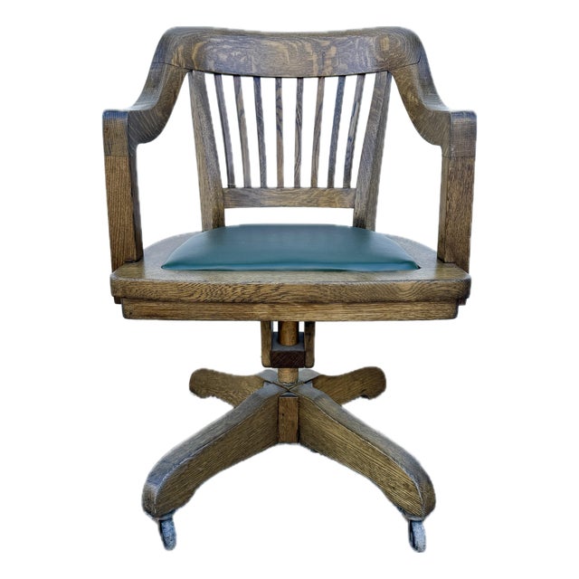 Antique Oak Bankers Chair With Hunters Green Seat For Sale
