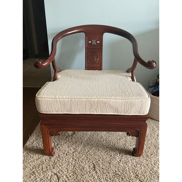 Vintage Asian Carved Rosewood Horseshoe Armchair - Pair For Sale - Image 10 of 10