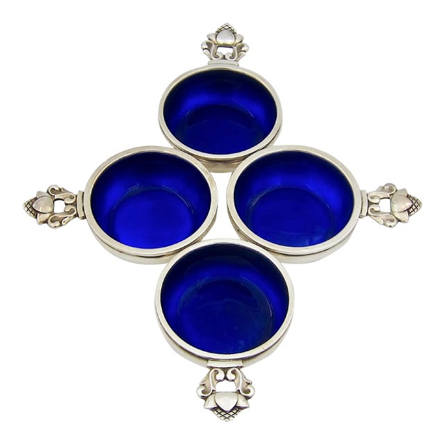 Vintage Georg Jensen Sterling Silver Acorn Salt Cellars With Blue Enamel Set- 4 Pieces For Sale