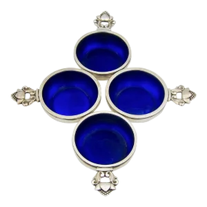 Vintage Georg Jensen Sterling Silver Acorn Salt Cellars With Blue Enamel Set- 4 Pieces