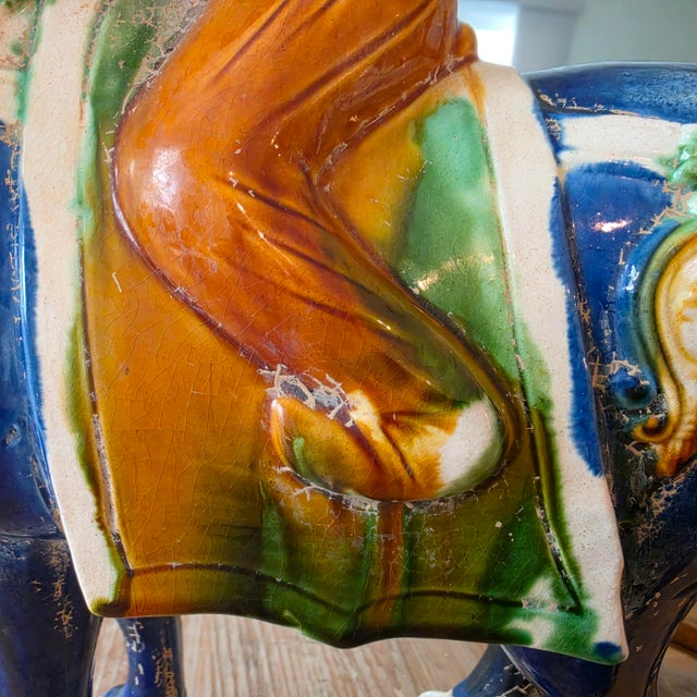 Beijing Niren Zhang Tang Style Cobalt Sancai Glazed Horse & Rider Figurine - 17" For Sale - Image 6 of 16