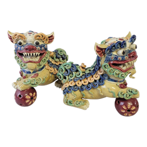 Pair of Shiwan Ceramic Polychrome Foo Dogs Sculptures, Hand-Applied Coils