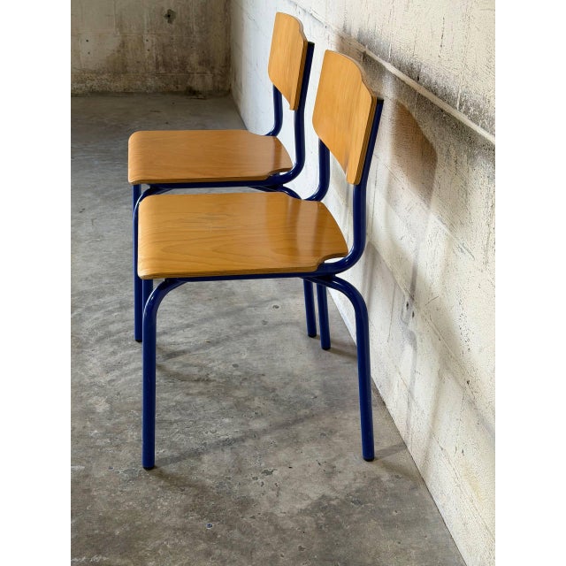 1970s Blue Tubular Steel Stacking Chairs Set of 2 European Vintage Mid-Century Modern 1970s For Sale - Image 5 of 11