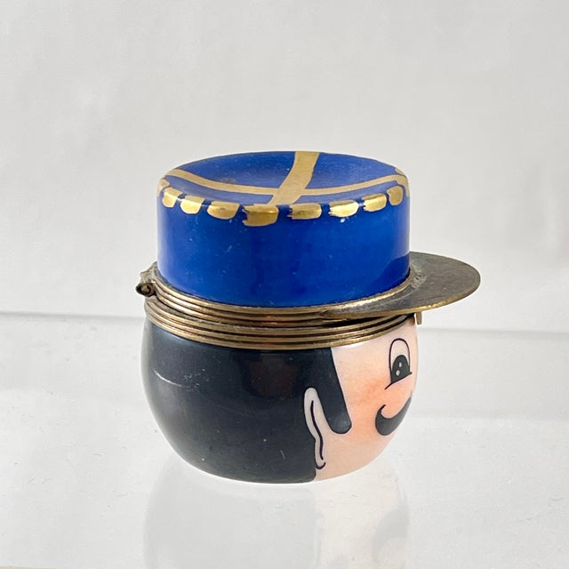 Figurative Limoges France Enameled Porcelain Gendarme Trinket Box For Sale - Image 3 of 9