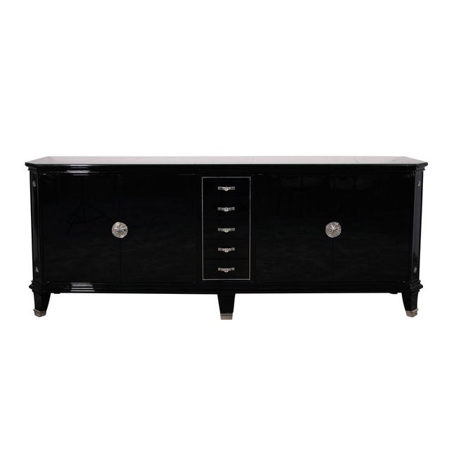 Art Deco Sideboard, 5 Drawers in the Center, Black High-Gloss Lacquer with Metal Emblems, 1930s For Sale - Image 12 of 12